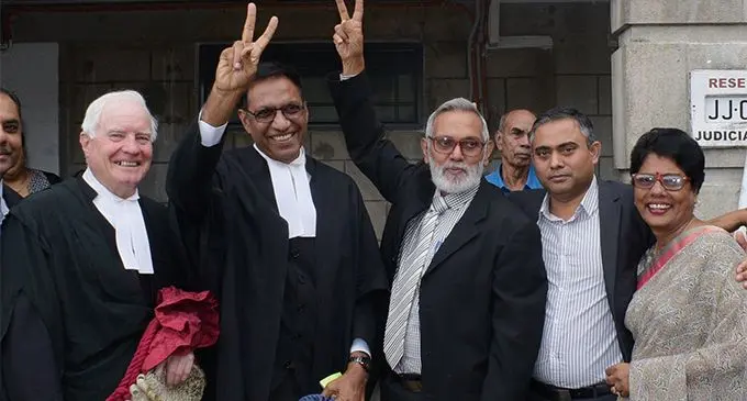 From left- QC Gregory Woods, Lawyer Vijay Maharaj, Kamlesh Arya, Krishneel Arya and Urmila Devi Arya outside Court on May 17, 2019. Photo: Ronald Kumar.