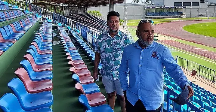 Fijian Drua head of Commerical and Marketing Shane Hussein (left) and the Lautoka City Council chief executive officer Mohammed Anees Khan during the walkthrough of Churchill Park on March 2,2023. Photo.Salote Qalubau