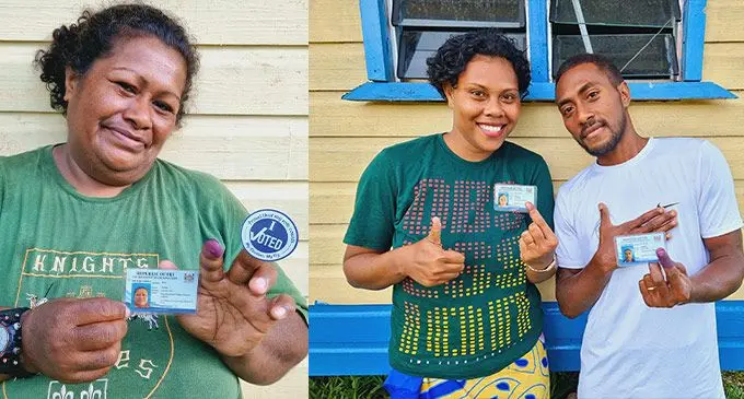 From left: Akisi Torau and siblings, Maria Rokocata, 23 and Joeli Rokocata, after casting their vote at Savusavuitaqa Village community hall in Macuata on December 5, 2022. Photos: Sampras Anand