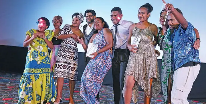 Attorney-General Aiyaz Sayed-Khaiyum with the Fiji Kula Film winners students from Tavua District Secondary School at the VX Cinema Damodar City, Suva, on July 26, 2019. Photo: Simione Haravanua