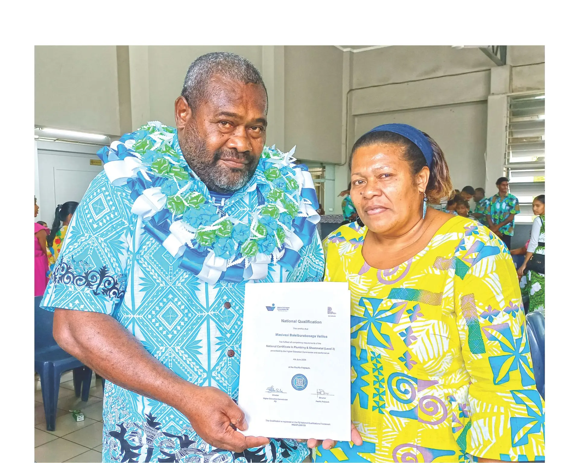 Masivesi Baleiburebasaga Veliloa with his wife, Pasamaca Mavoa after the Pacific Polytech graduation at Civic Centre in Labasa on June 4, 2026. 