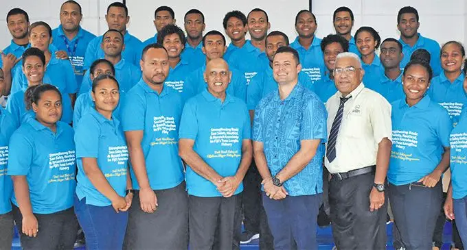 Deckhand Fishing programme Stage 1 graduates with FMA acting CEO Mahesa Abeynayake, (front 5th from left), WWF-Pacific’s Duncan Williams on his left and Captain Tevita Robanakadavu.