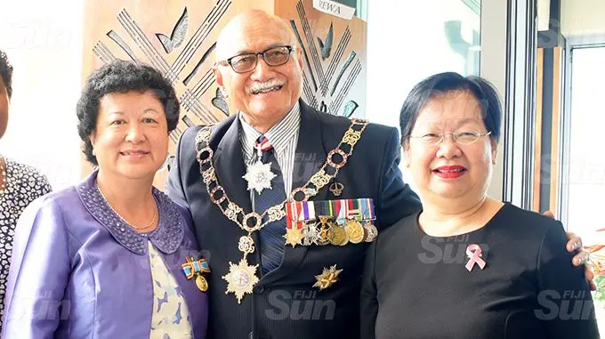 Jenny Seeto (left) with President Jioji Konrote and Loraine Seeto after receiving her 50th anniversary of Independence commemorative medal during special investiture ceremony at State House on October 6, 2020. Photo: Ronald Kumar.