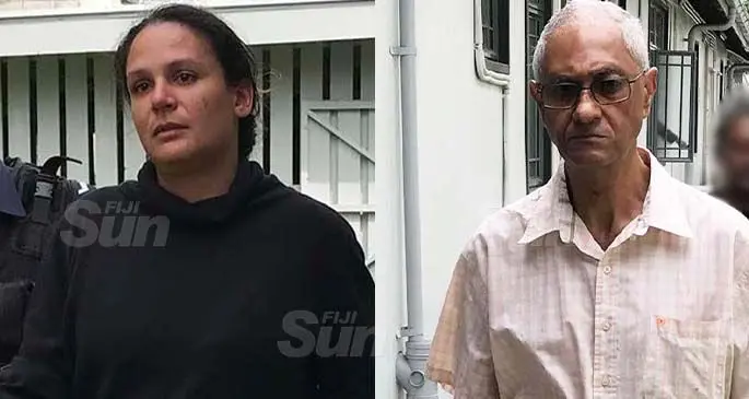From left-right: Zoe Mahara-Moore Shazran and Abdul Lateef outside the Magistrates Court in Suva on August 12, 2020. Photo: Ashna Kumar