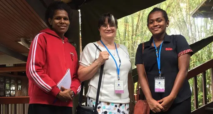 Award-winning journalist and author Jemima Garrett is leading this week’s journalism workshop in conjunction with the Forum Economic Ministers Meeting (FEMM) opening at the Forum Secretariat in Suva today. Ms Garrett’s experience includes decades reporting business and economic issues in the region for ABC/Radio Australia. Amongst those attending the workshop are Fiji Sun deputy managing editor business Lusiana Tuimaisala (left) and Fiji Sun business journalist Karalaini Tavi (right)