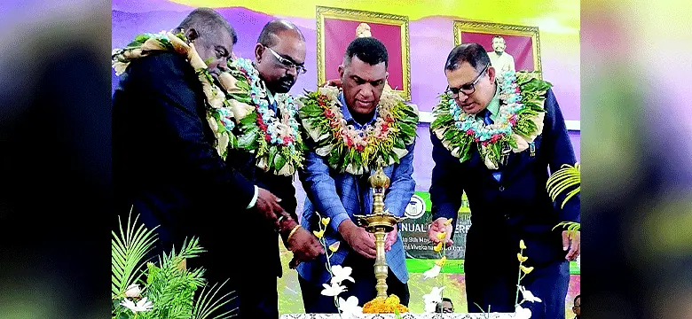 National FTU Executive member and Nadi chair Madhur Prakash, General Secretary Muniappa Goundar, Education Minister Aseri Radrodro, and national president Shashi Shandil, during the 94th Fiji Teachers Union annual conference at Swami Vivekananda College in Nadi on May 7, 2024. Photo: Mereleki Nai