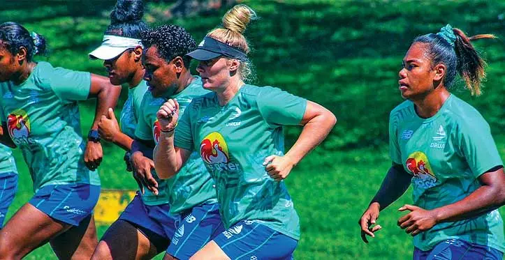 Rooster Chicken Fijiana Drua forwards {left-right) Sulita Waisega, Karalaini Naisewa and Jade Coates during training in Brisbane, Australia, on April 27, 2023. Photo: FRU Media