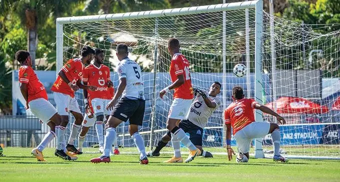Rewa goalkeeper Mohammed Alam fails to stop Alex Saniel’s drive during the Digicel Premier League clash at the ANZ Stadium, Suva, on October 31, 2021. Suva won 2-1. Photo: Leon Lord