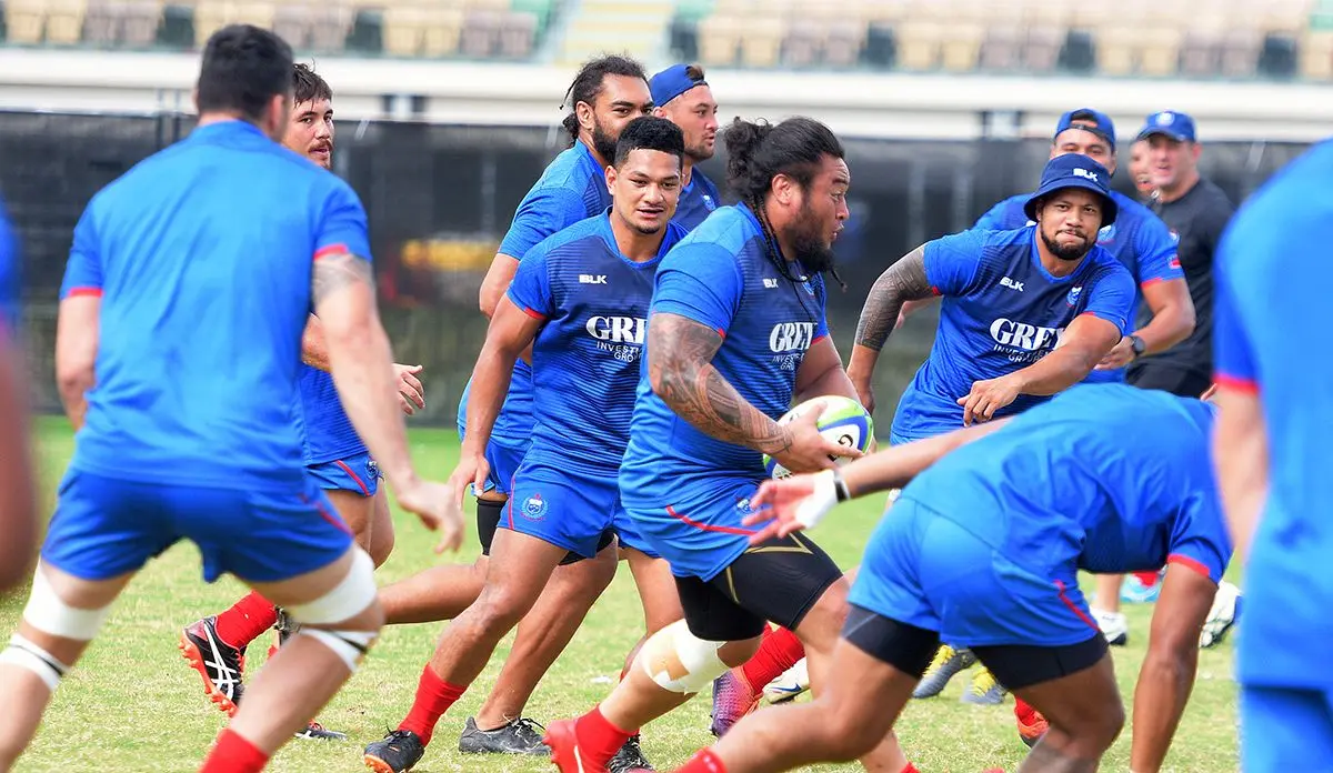 Logovii Muipola (with ball) during Samoa team Captains run at Albert Park on August 9, 2019. Photo: Ronald Kumar.