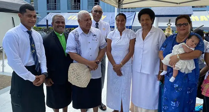 From left: Sekope Halepuleyaga, RFMF chaplain Reverend Ilaitia Sevati Tuwere, Prime Minister Voreqe Bainimarama, RFMF Commander Rear Admiral Viliame Naupoto, Makarita Finau Rokowailevu, Maria Varea and  Mary Bainimarama with baby Meri Bainitakali Sereana Halepuleyaga.  