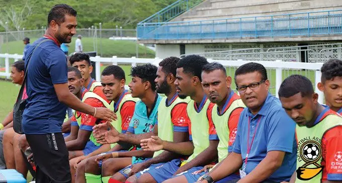 Labasa football coach Ravnil Pratap shakes hands with the Navua players at the end of their clash this afternoon. Photo: Fiji FA Media 