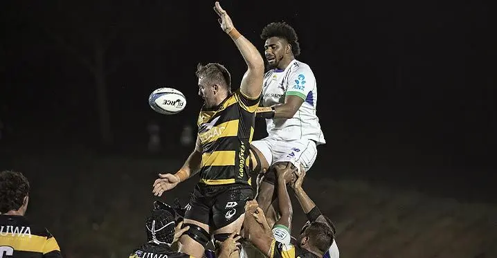 Swire Shipping Fijian Drua lock Isoa Nasilasila (right) contests against Western Force during their pre-season trial match on February 16, 2023. Photo: Fijian Drua Media