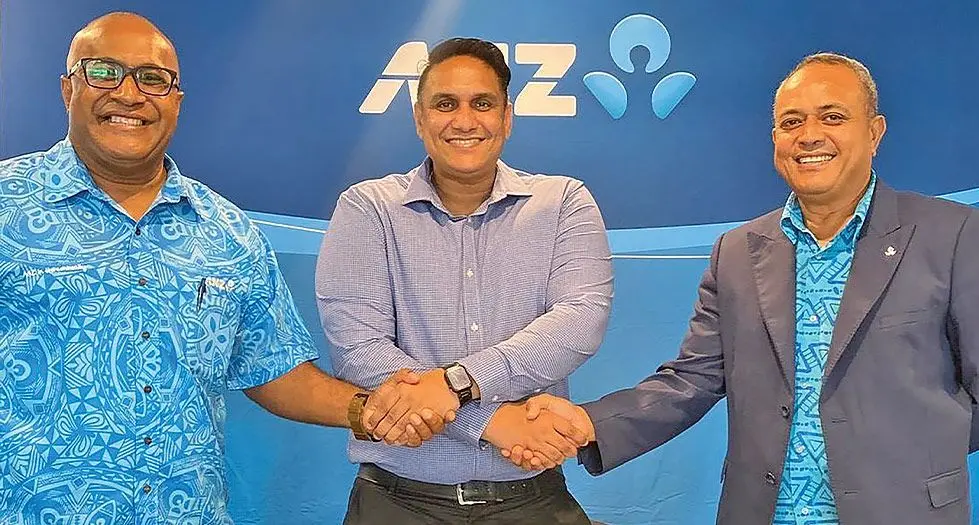 From left: ANZ head of CS and Financial Inclusion Sitiveni Marovia, FMA president Dr Basharat Munshi and ANZ DSSM Centralised Banking Francis Jione after the signing of the sponsorship in Suva on March 22, 2024. 