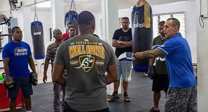 Fiji Boxing coach Cam Todd (right) sharing valuable tips to potential boxers on January 18, 2024. Photo: Josua Buredua