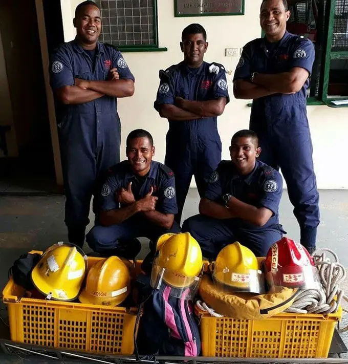 Abele Matai (standing left) with members of the National Fire Authority rescue team of Labasa.   