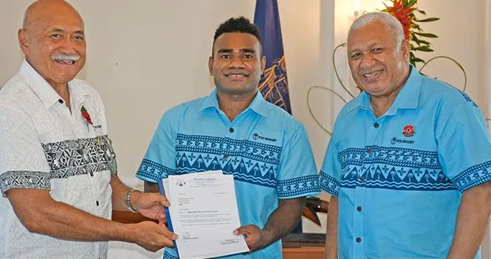 Double Olympic gold medallist Jerry Tuwai (middle), with the President, Major-General (Retired) Jioji Konrote and Prime Minister Voreqe Bainimarama at the State House in Suva on October 6, 2021. Photo: Office of the Prime Minister