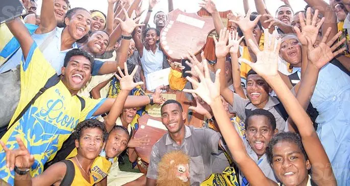 Suva Grammar School athletes celebrate after winning the boys’ and girls’ categories of the Suva Zone Two competition at the ANZ Stadium, Suva, on March 5, 2021. Photo: Ronald Kumar