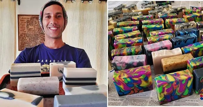 Vuna Enterprises (FIJI) Pte Limited owner and founder Abhishek Sapra with the display of soap in Taveuni Island on October 1, 2021.