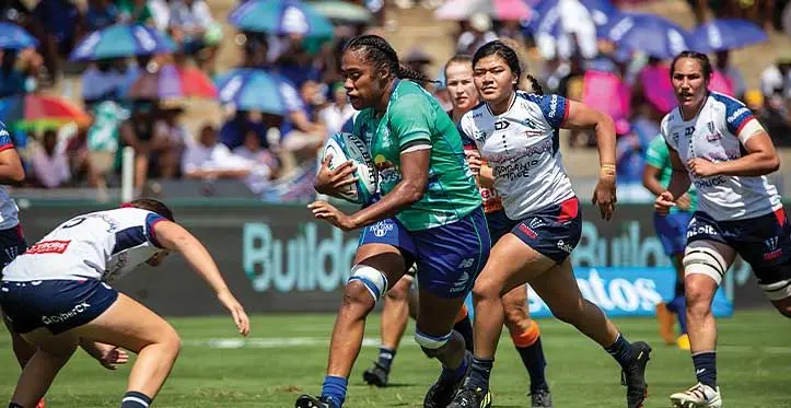 Rooster Chicken Fijiana Drua flanker Sulita Waisega runs through a gap in the Rebels defence during their Super W clash at the HFC Bank Stadium in Suva on April 1, 2023. Photo: Leon Lord