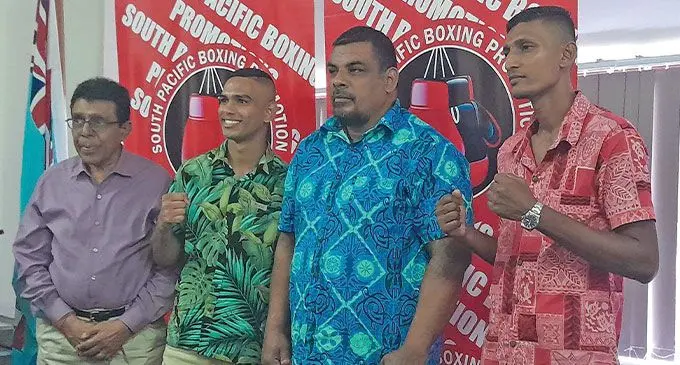 From left: Boxing Commission of Fiji chairman Adi Narayan, Ubaydullah Haider, South Pacific Boxing Promotions promoter Fred Chand and Krishnil Mudaliar at the Ministry of Youth and Sports boardroom in Suva on April 5, 2024. Photo: Leone Cabenatabua