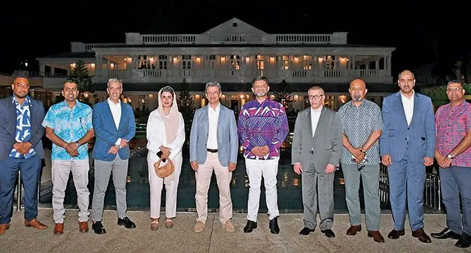 Saudi Arabia’s Minister for Tourism Ahmed Aqeel Al-Khateeb (fifth from left),  Attorney-General and Minister for Economy Aiyaz Sayed-Khaiyum (sixth from left), Fiji Development Bank chief executive officer Saud Minam (eighth from left), with Government officials and Saudi Arabia’s officials and guests at the Grand Pacific Hotel. Photo: DEPTFO News