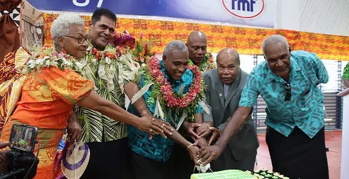 Attorney-General Siromi Turaga (third from left) with former Methodist Church president Reverend Tevita Nawadra (second from right) celebrating with family members from Nairai Island. Photo: Josefa Babitu