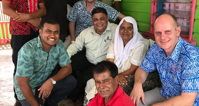 Amina Bi (middle) with Sugar Cane Growers Fund chief executive officer Raj Sharma, United Nations Capital Development Fund digital  manager Francois Coupienne, Pacific Financial Inclusion Programme manager Bram Peters, farmers and stakeholders after the  meeting at Solove in Labasa on February 11, 2020.  Photo: Shratika Naidu