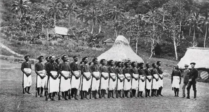 The Armed Native Constabulary on parade in Levuka circa 1876.