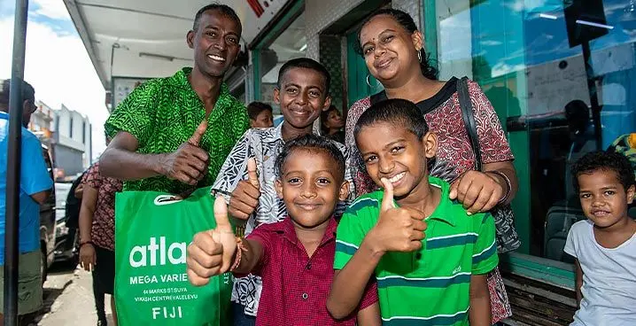 Back (from left): Ronesh Naidu (father), Rishaal Naidu 13, Radhika Goundar (mother) ,(front from left) Ranit Naidu 7 and Rivnesh Naidu 9, shopping in Suva on January 26, 2023. Photo: Leon Lord