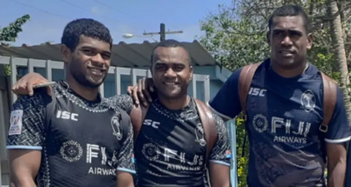Fiji Airways Fijian 7s reps from left: Simione Kuruvoli, Alasio Naduva, Aminiasi Tuimaba in Suva on September 24, 2019. Photo: Simione Haravanua
