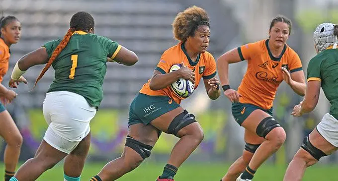 Tabua Tuinakauvadra of Australia in action during the WXV 2 2024 match between South Africa and Australia at Athlone Sports Stadium on October 05, 2024 in Cape Town, South Africa. Photo: World Rugby