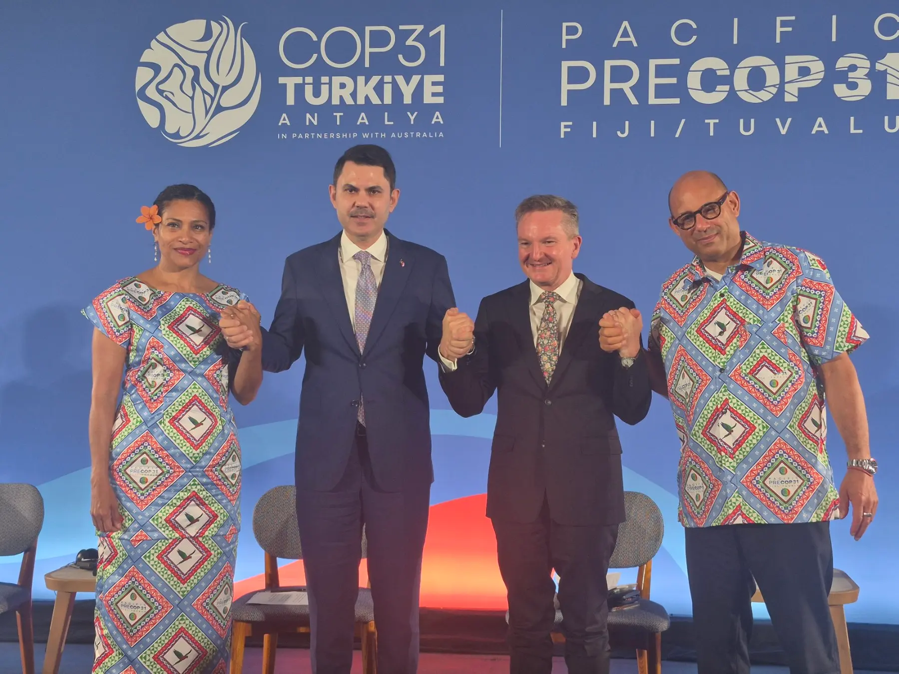 Minister for Environment and Climate Change Lynda Tabuya, Turkiye Climate Change Minister and COP31 President Murat Kurum, Australia Climate Change Minister and COP31 President of Negotiations Chris Bowen and UNFCCC Executive Secretary Simon Stiell.