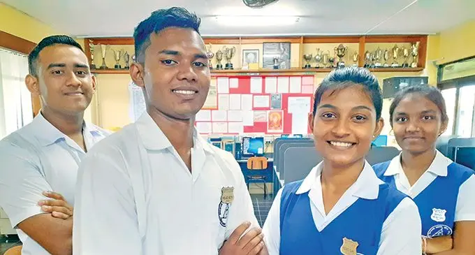 From left: Bhawani Dayal deputy head boy Nischal Prasad, head boy Nikhil Singh, head girl Sneha Prasad  and deputy head girl  Shreya  Prasad following their prefects’ induction on May 5, 2022.  Photo: Ronald Kumar