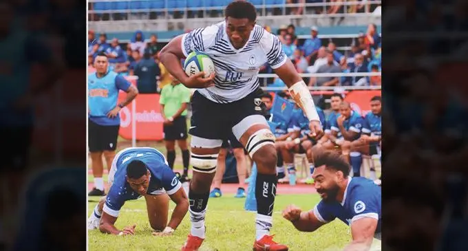 FIJI Water Flying Fijians No.8 Viliame Mata on the run against Manu Samoa in today’s Punjas Pacific Battle at Apia Stadium in Samoa. Fiji won 33-19. Photo: FRU Media. 