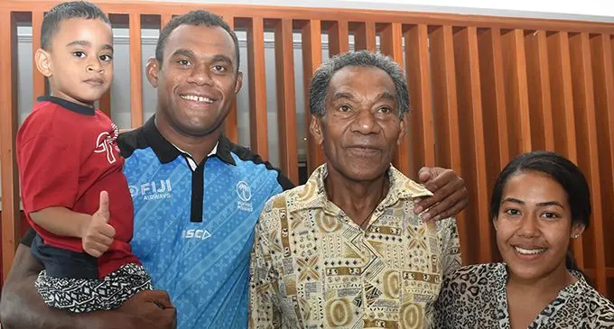 Fiji Airways Flying Fijians Leone Nakarawa, nephew Leone Nakarawa Jnr, Leone Nakarawa Snr and partner Vika at the Nadi International Airport yesterday. Photo: WAISEA NASOKIA