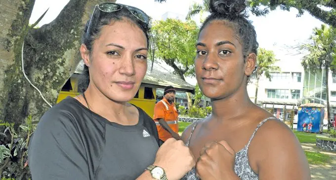 Westwood Promotions Super Welterweighter in 69KG, boxers, Haifa Work (left) and Katerina Singh during weighing at Ratu SukunaPark in Suva on February 15, 2018. Photo: Ronald Kumar.