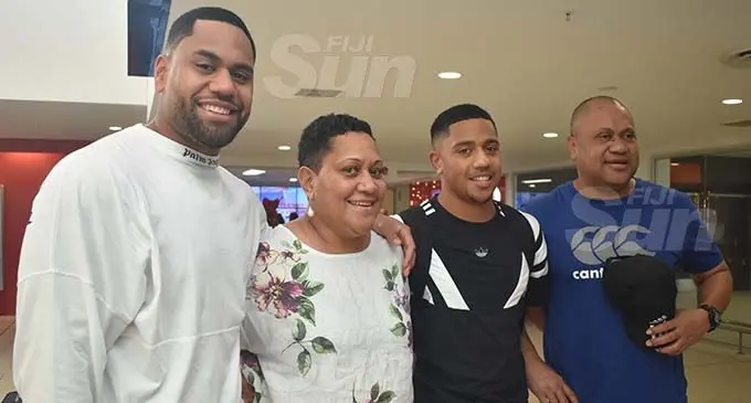 England rugby winger Joe Cokanasiga, mum Kiti Cokanasiga, brother Phil and dad Ilaitia Cokanasiga at the Nadi International Airport on December 18, 2019. Photo: Waisea Nasokia