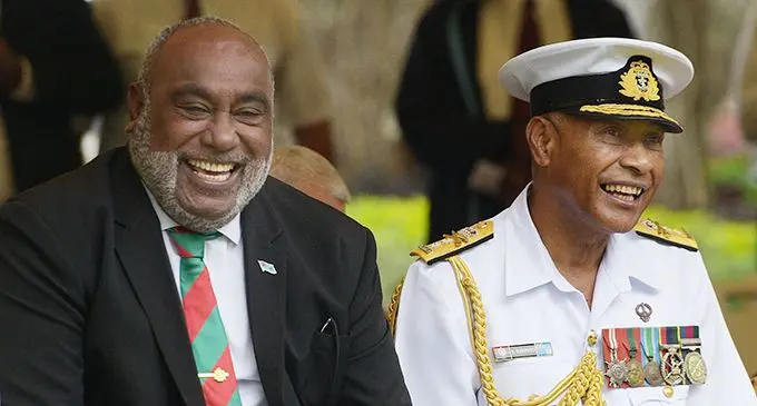 Acting Prime Minister and Minister for Fisheries Semi Koroilavesau (left) and Republic of Fiji Military Forces (RFMF) Commander Rear Admiral Viliame Naupoto during the launch of the Poppy Appeal at Ratu Sukuna Park in Suva on October 4, 2019.  Photo: Ronald Kumar. 