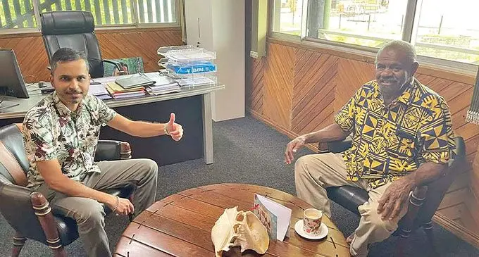 Fiji Pine Ltd CEO, Vimlesh Kumar and Nabou Pine landowner Vilive Naceva at their office in Lautoka