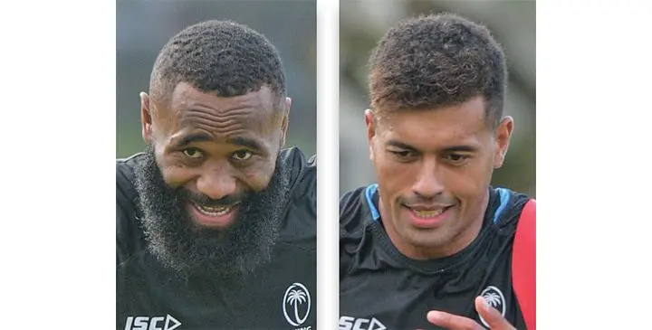 From left: Fiji Airways Fijian squad members Semi Radradra and Ben Volavola during training at Suva’s Albert Park on August 6, 2019. Photos: Ronald Kumar