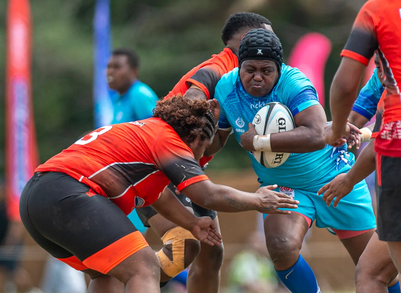 Yasawa women player/coach Tuliana Ragadi leads the charge against Navosa during the Royal Tea Ranadi Cup final at Suva’s Buckhurst Park on July 31, 2026. Yasawa won 43-15. 