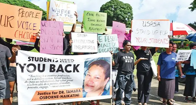 University of the South Pacific staff and students with their demands during the strike at Laucala campus on October 18, 2024. Photo: Ronald Kumar