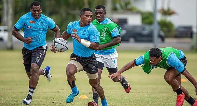 Fijian 7s squad member Simione Cece (with ball) during a training session at Albert Park in Suva on October 21, 2021. Photo: Leon Lord.