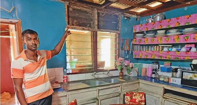 Avinesh Anand shows the damaged section of the kitchen at his home in Bulileka, Labasa on October 11, 2021. Photo: Sampras Anand