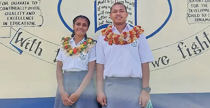 Duavata Secondary School head girl, Maria Prasad, and head boy, Poseci Baleikasavu, during the school’s prefect’s induction on March 17, 2023