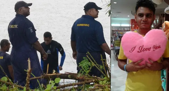 Police officers cordon off the accident scene after 18 year-old Tasleem Ali allegedly lost control of the car he was driving and veered into the Rewa River along Waidra Settlement in Tailevu on April 24, 2019. INSET: Missing...18-year-old Tasleem Ali of Kasavu. Photo: Ronald Kumar