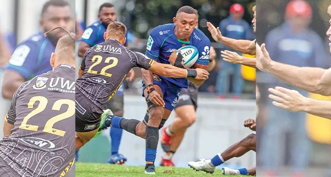 Swire Shipping Fijian Drua flanker Vilive Miramira bursts up field against a Western Force player during their match on March 19, 2022. The Drua play the Blues this Saturday. Photo: Aroha Photography