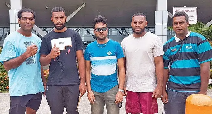 From (left-right ): Filimoni Lotenara, Filimoni Naliva (boxer), WBF Asia Pacific match-maker,Simon Naushad, Savenaca Naliva, and Joe Nakase at Nadi International Airport on March 20, 2022. Photo: Waisea Nasokia.