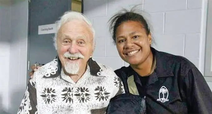 The late Derek Robinson (left) with Fiji Rugby Union’s women’s development manager, Vela Naucukidi. 