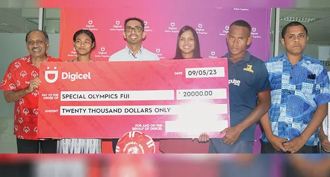 From left: Biswa Sidal, Special Olympic Fiji Chairman, Rukkya Bi (athleteics) Digicel Fiji chief executive officer Farid Mohammed, Digicel Pacific CEO Shally Jannif, Maciu Small (atletics) and Ponijese Duncan (table tennis) during the Digicel sponsorship handover at the Digicel Fiji headquarters in Nabua, Suva on May 9, 2023. Photo: Ronald Kumar